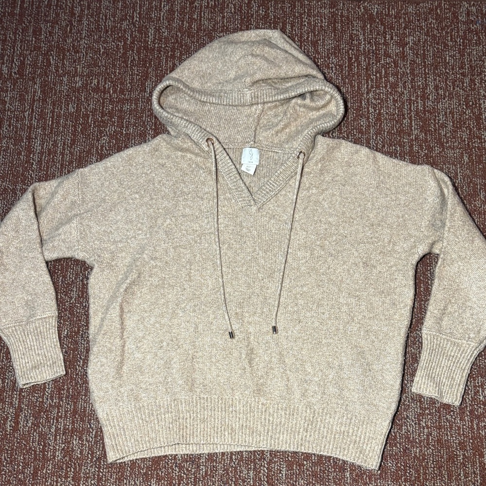 Joie V-Neck Beige cropped hooded knit Sweater oatmeal light brown cozy sweater S - Picture 1 of 12